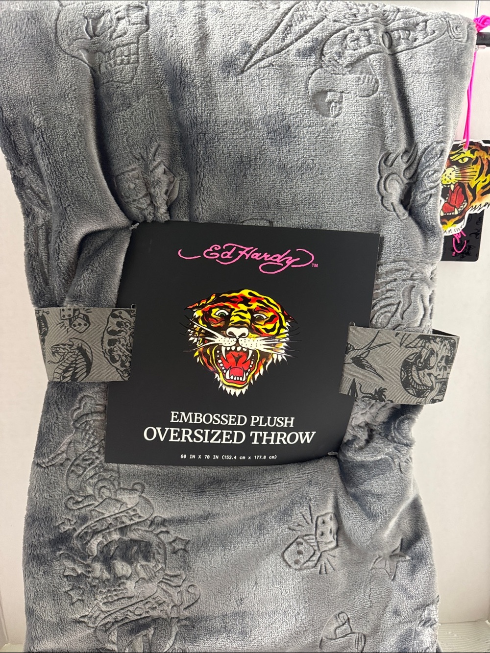 Ed Hardy Gray Embossed Plush Oversized Throw Blanket Death Before Dishonor